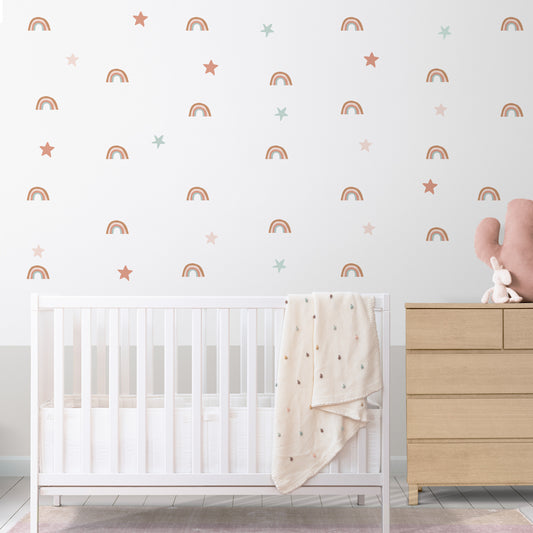 Set of 72 Wall Stickers | 36 Rainbows + 36 Stars | Removable Children's Wall Stickers | 8 Color Combinations