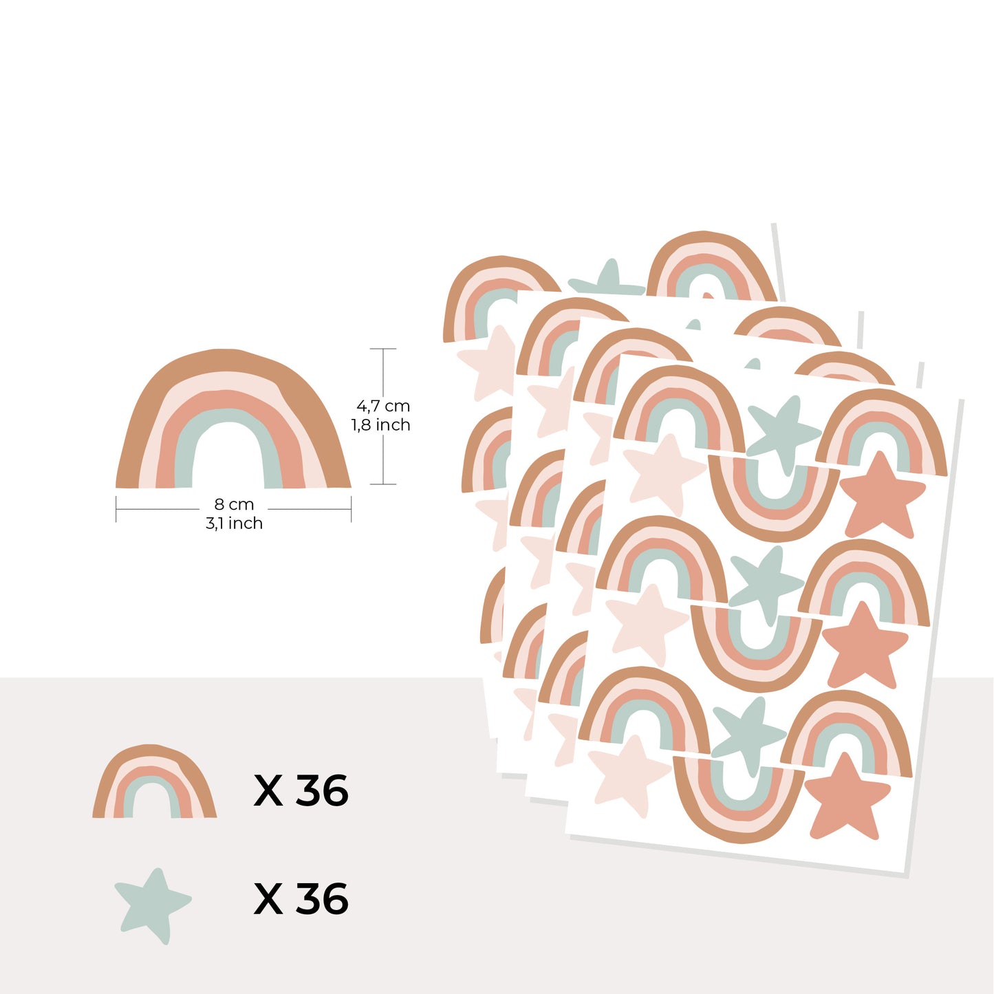 Set de 72 Pegatinas de Pared | 36 Arcoíris + 36 Estrellas | Vinilos Decorativos Infantiles Extraíbles | 8 Combinaciones de Color