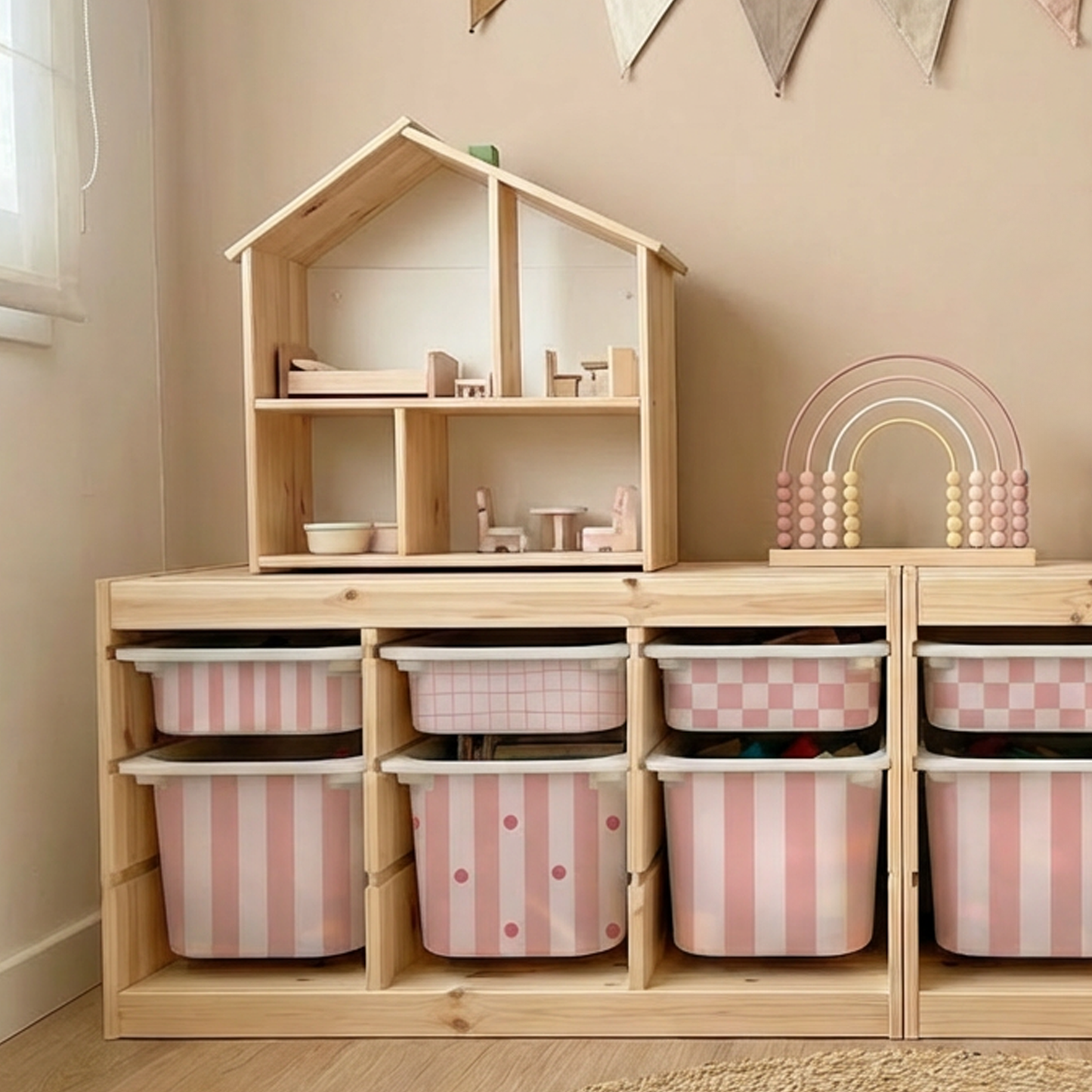 Vinilos Rosas para Cajas IKEA Trofast | Pegatinas Premium para Muebles Infantiles | 6 Diseños Combinables.